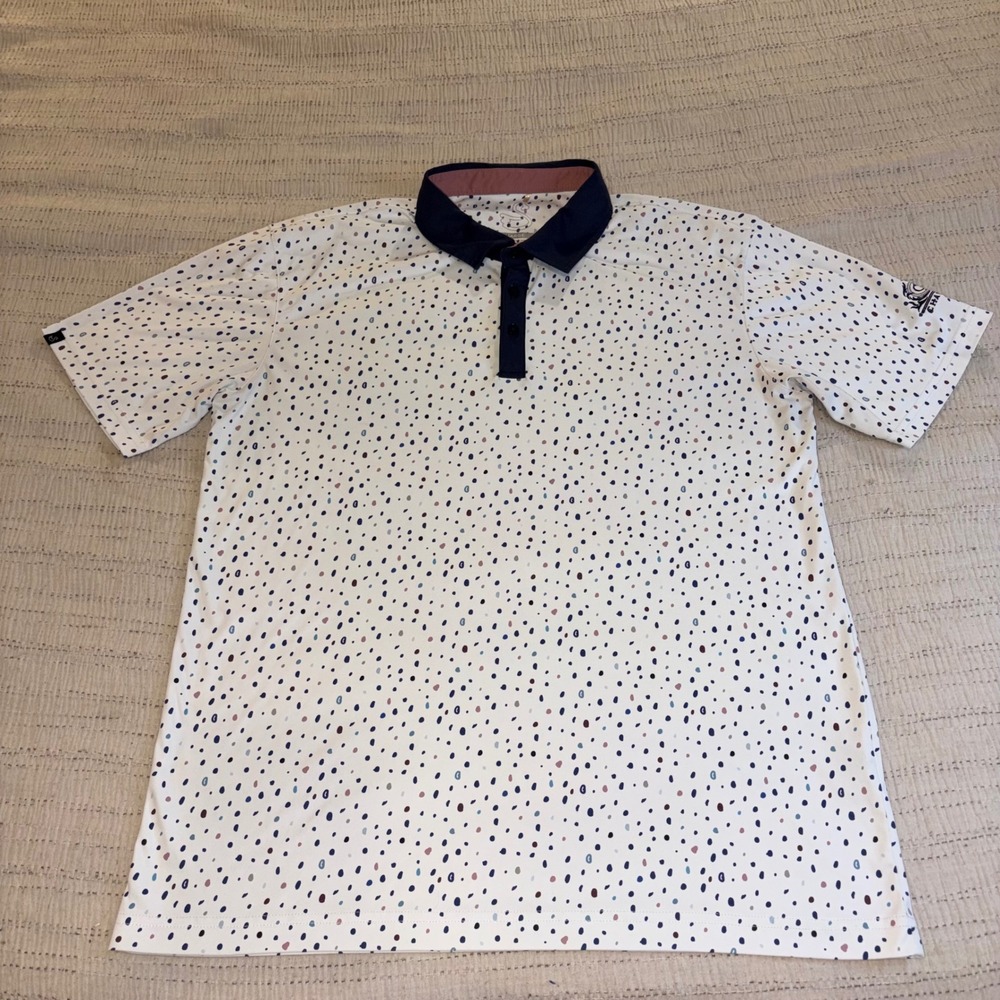 Swannies Mens Large Golf Polo Shirt White Multi Color Pebble Print Chateau Logo
